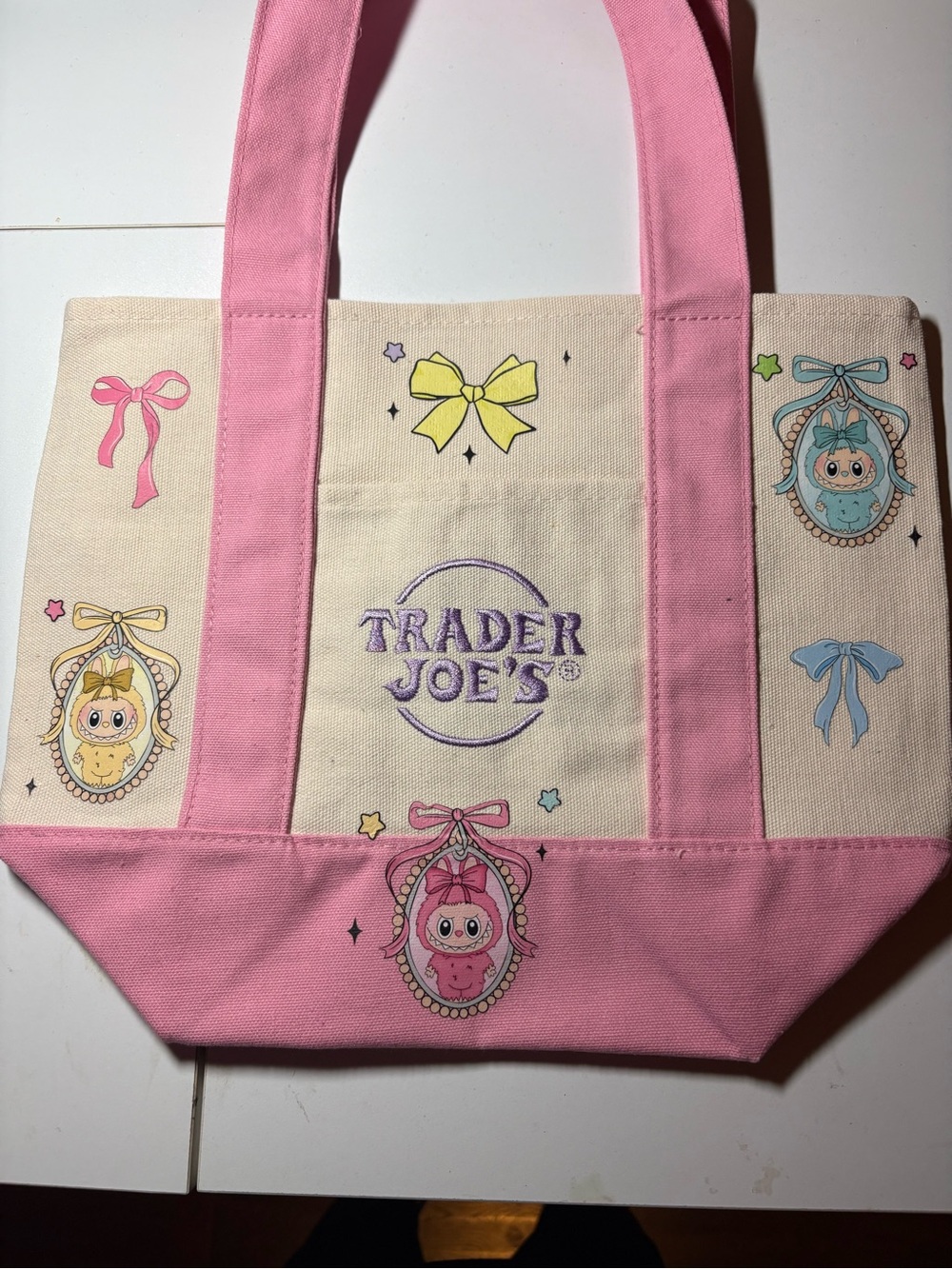 Trader Joe's Pink and Cream Canvas Tote with La  bu bu Artwork